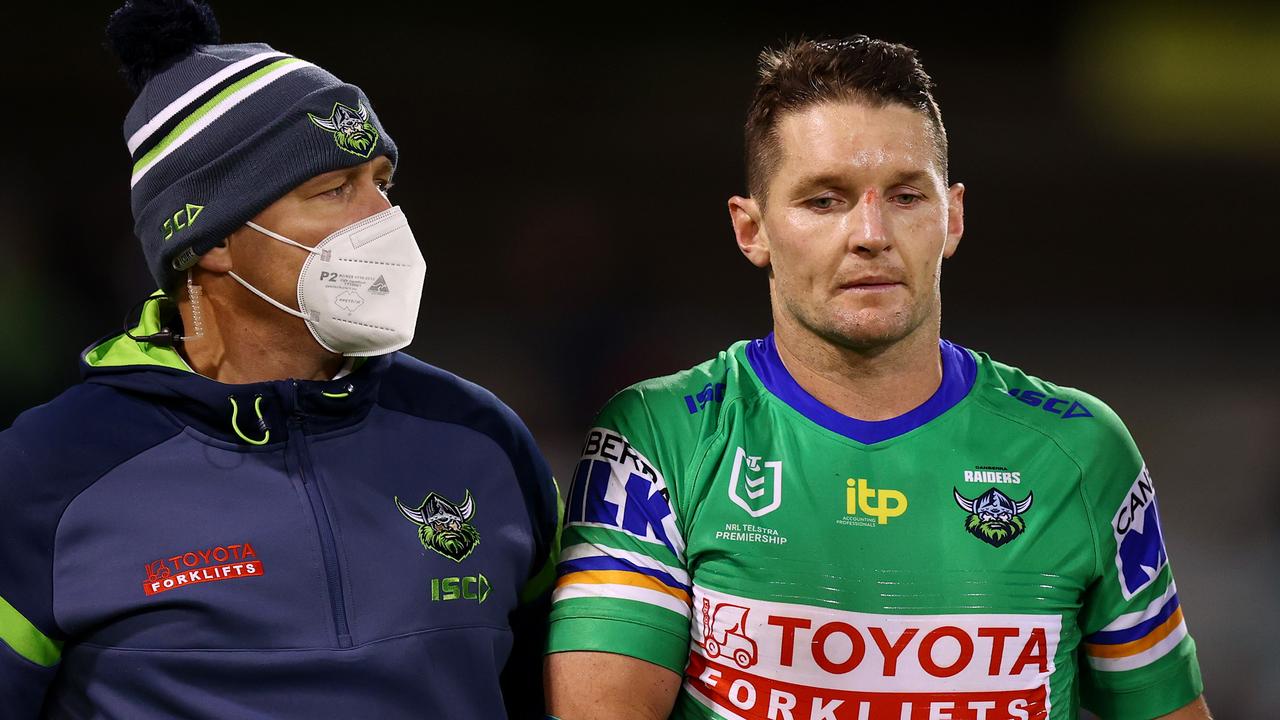 Jarrod Croker of the Raiders is taken from the field with an injury during the Round 9 against the Bulldogs. (Photo by Mark Nolan/Getty Images)