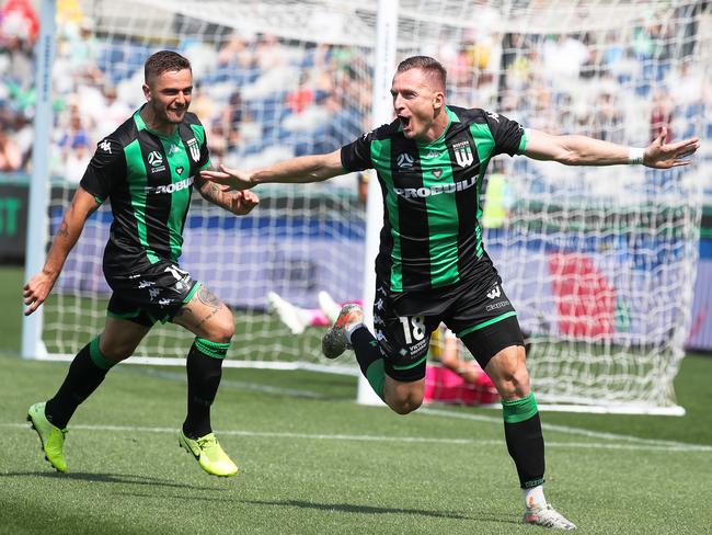 Besart Berisha of Western United FC celebrates his goal with Josh Risdon during the Round 15 A-League match between Western United FC and Central Coast Mariners at GMHBA Stadium in Geelong, Sunday, January 19, 2020. (AAP Image/George Salpigtidis) NO ARCHIVING, EDITORIAL USE ONLY