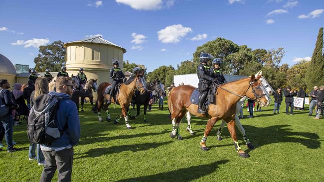 Mounted police ride into the Royal Botanic Gardens. Picture: Tim Carrafa