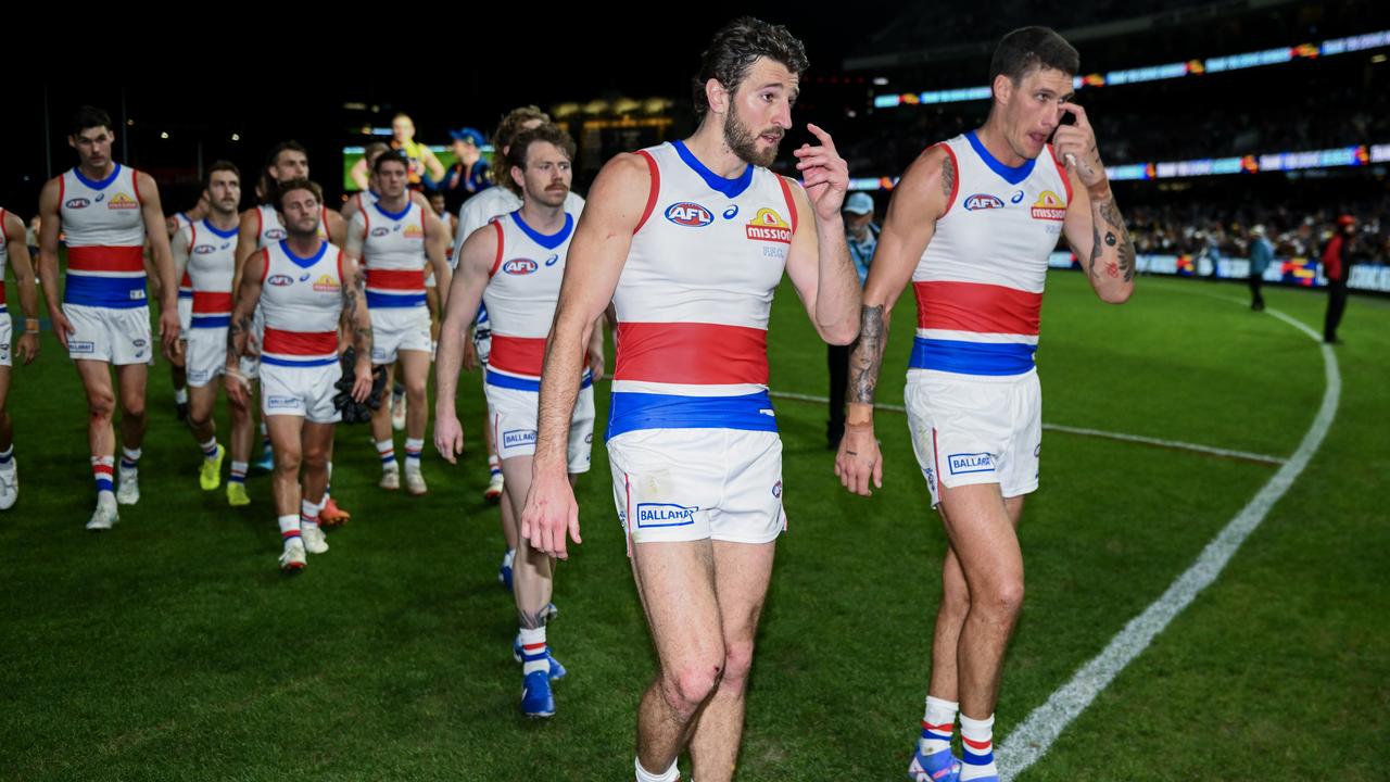 ADELAIDE, AUSTRALIA - AUGUST 11: Marcus Bontempelli of the Bulldogs leads his team off after losing the round 22 AFL match between Adelaide Crows and Western Bulldogs at Adelaide Oval, on August 11, 2024, in Adelaide, Australia. (Photo by Mark Brake/Getty Images)