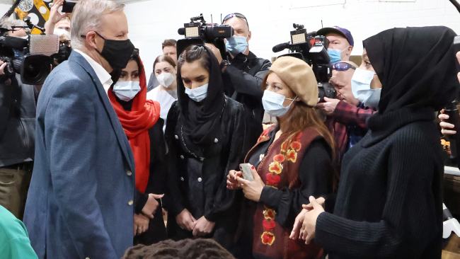 Mr Albanese also praised a group of Afghan women, who fled from Kabul after the Taliban takeover, and were volunteering their time at Addison Road Community Centre. Picture: Liam Kidston