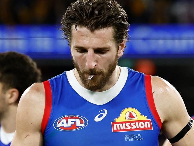 MELBOURNE, AUSTRALIA - SEPTEMBER 06: Marcus Bontempelli of the Bulldogs looks dejected after a loss during the 2024 AFL Second Elimination Final match between the Western Bulldogs and the Hawthorn Hawks at The Melbourne Cricket Ground on September 06, 2024 in Melbourne, Australia. (Photo by Michael Willson/AFL Photos via Getty Images)