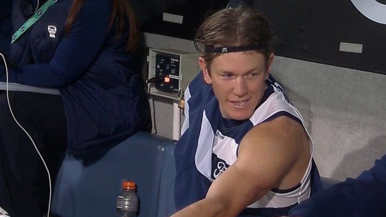 Rhys Stanley was subbed out of the game. Picture: Fox Footy