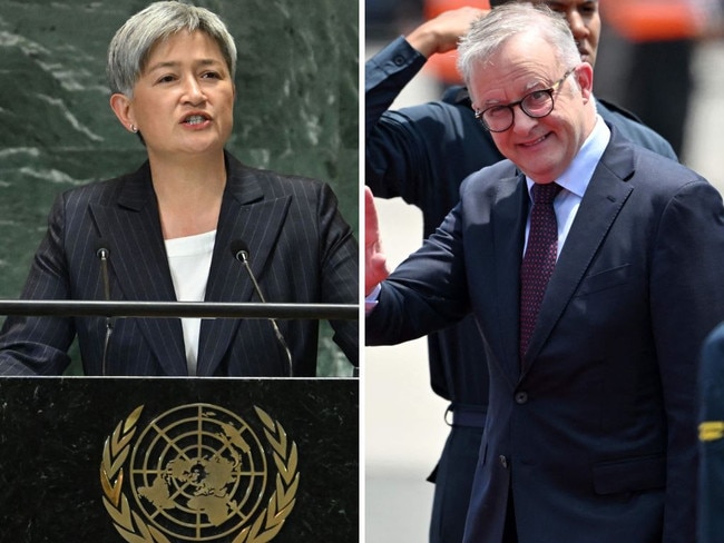 Foreign Minister Penny Wong speaks at the UN headquarters in New York in September; and, Anthony Albanese arrives at the APEC summit in Lima, Peru, on Thursday (AEDT).