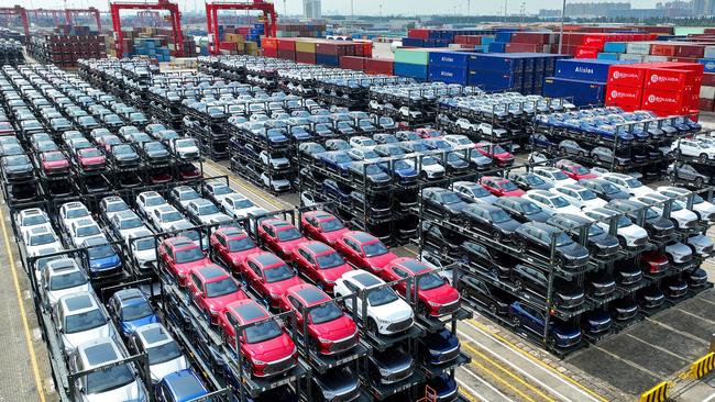 BYD electric cars waiting to be loaded on a ship stacked at the international container terminal of Taicang Port at Suzhou Port, in China. Picture: AFP/China OUT