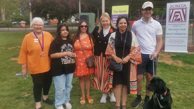 Zonta Mount Barker president Robyn Page, Ruby and Courtney Hunter-Hebberman (sister and mother of Rose), Minister Katrine Hildyard, Mandy Brown (grandmother of Rose) and local MP Dan Cregan at the march. Picture: Supplied