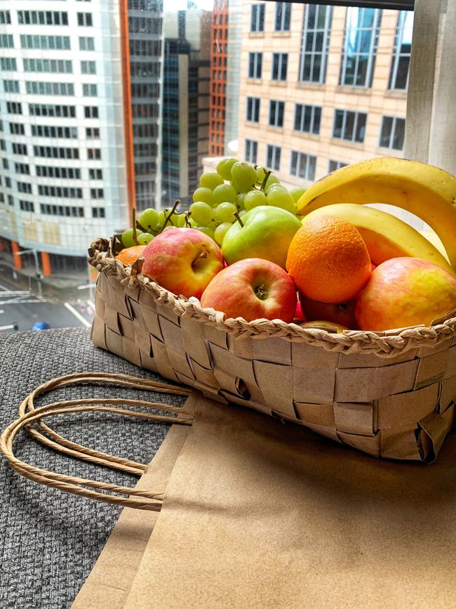 A fruit basket made with brown paper delivery bags. Picture: Jenifer Jagielski