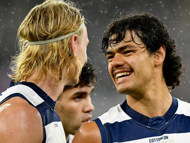 MELBOURNE, AUSTRALIA - JUNE 29: Lawson Humphries of the Cats walks off the ground at half time during the round 16 AFL match between Geelong Cats and Essendon Bombers at Melbourne Cricket Ground, on June 29, 2024, in Melbourne, Australia. (Photo by Josh Chadwick/AFL Photos/via Getty Images)