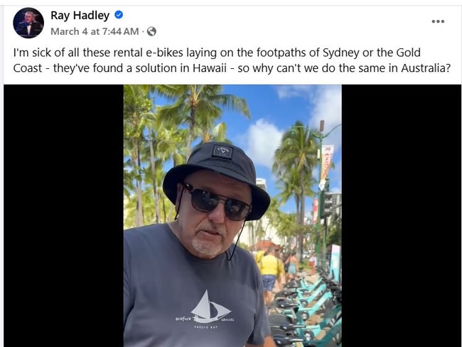 Ray Hadley took to his Facebook page to post about the e-bikes menacing our footpaths.