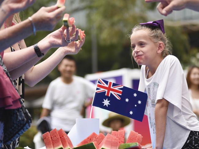 True Blue Bush Games are a part of Darling Harbour’s Australia Day Celebration. Pictures is Adelayde Martin seeing how much watermelon she could eat while being forced to eat it in 30 sec, by her mother Stacey Baker at last year’s event. Picture: Darren Leigh Roberts
