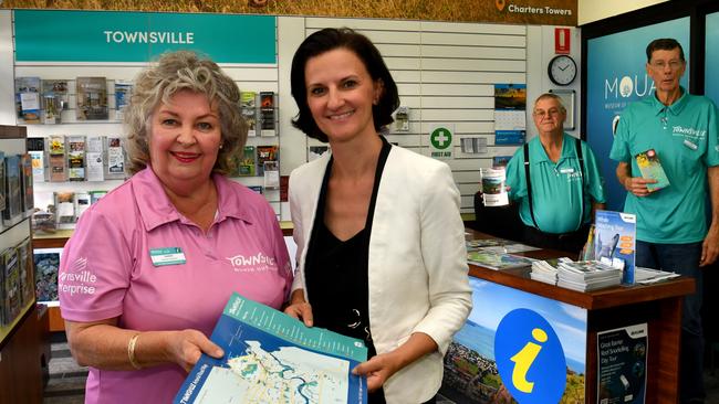 Townsville Enterprise CEO Claudia Brumme-Smith with TEL Visitor Information Centre volunteers Karen Glazebrook, Bruce Grogan and Peter Wilson. The centre in Flinders Street has this week proudly welcomed its one-millionth visitor, marking a significant milestone in the North Queensland’s tourism journey. Picture: Evan Morgan