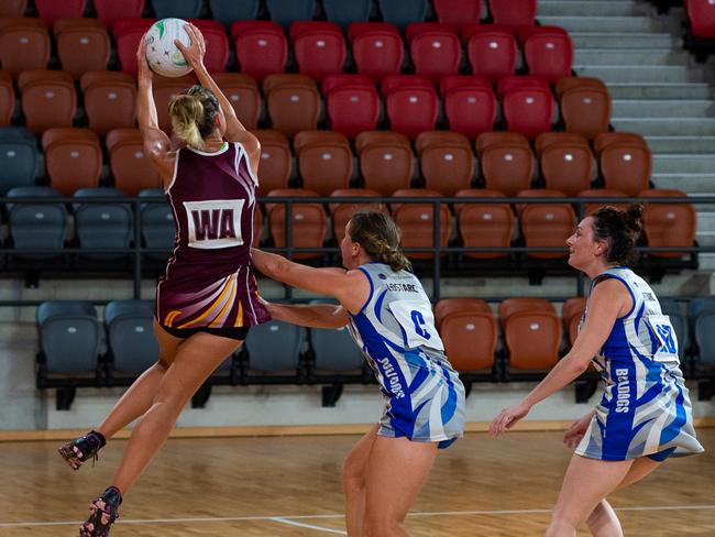 Tracy Village Falcons’ Tayla Luhrs shows her athleticism. Picture: Che Chorley