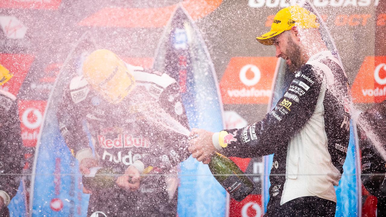 Shane van Gisbergen and Garth Tander celebrate their Race 27 win. Picture: Daniel Kalisz