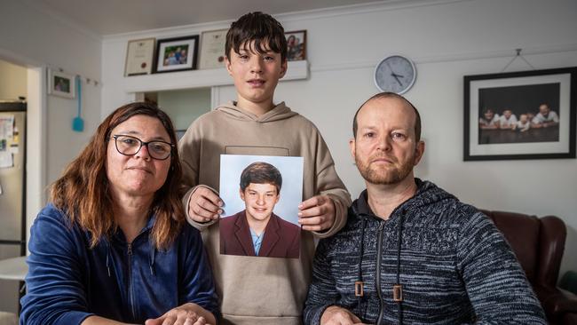 Joshua’s Elmes family: Mum Lee Ann, brother Aaron and father Matthew. Picture: Jake Nowakowski