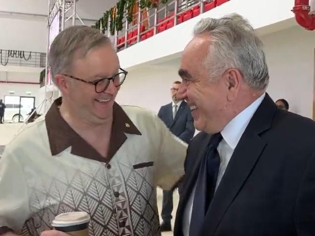 Prime Minister Anthony Albanese jokes with US Deputy Secretary of State Kurt Campbell on the sidelines of the 53rd Pacific Islands Forum.