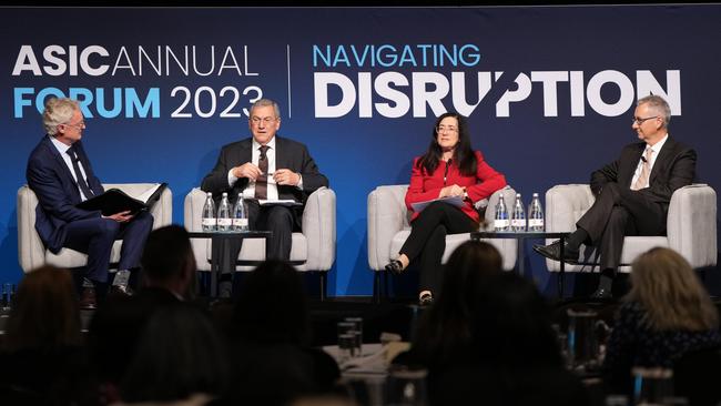 ASIC chair Joe Longo, second from left, ACCC chair Gina Cass-Gottlieb and APRA chair John Lonsdale, right, at the ASIC annual forum.