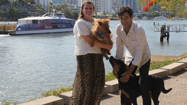 Annie Boxall and Paul Liddy are delighted Brisbane’s dogs on ferries trial has finally started. Photo. Andrea Macleod.