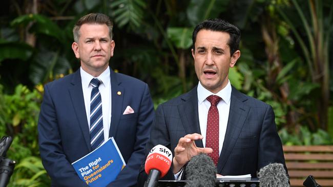 Premier David Crisafulli (front) with deputy Jarrod Bleijie. Picture: John Gass/NCA NewsWire