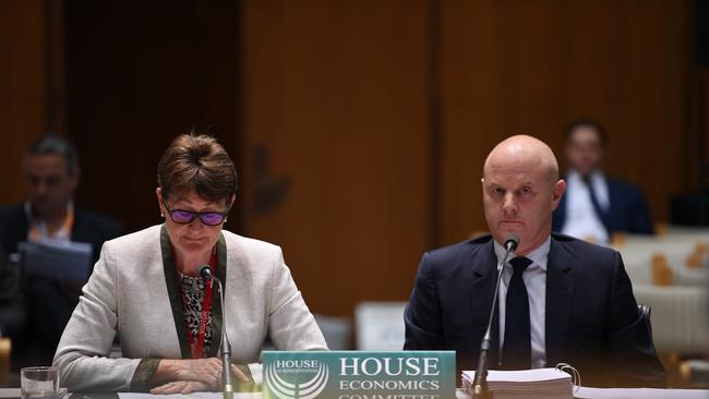 CBA chair Catherine Livingstone CEO Ian Narev during the House of Representatives Economic Committee inquiry at Parliament House in Canberra today (Picture: AAP Image/Lukas Coch).