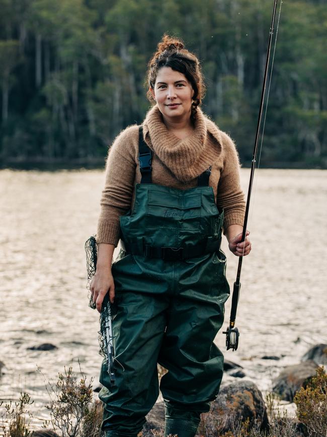 Tasmanian chef and author Analiese Gregory fishing at Lake St Clair. Picture: ADAM GIBSON