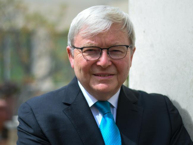 **FILE**  A Tuesday, October 23, 2018 file photo of former Australian prime minister Kevin Rudd ahead of an interview with Australian Associated Press at Parliament House in Canberra. Former prime minister Kevin Rudd has become a Companion of the Order of Australia, dedicating the award to indigenous Australians, Monday, June 10, 2019. (AAP Image/Lukas Coch) NO ARCHIVING