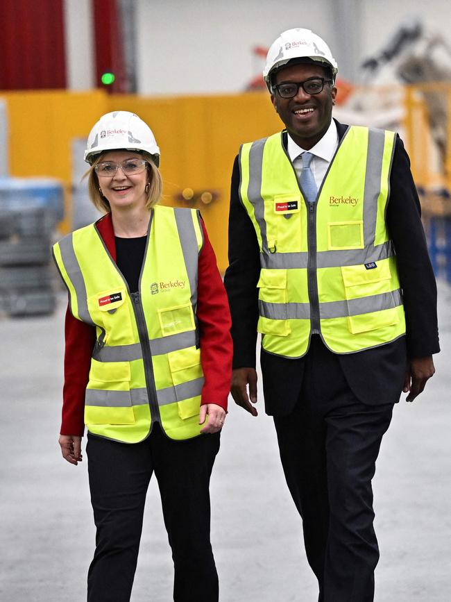 Liz Truss and Kwasi Kwarteng chat during a visit to Berkeley Modular, in Northfleet in September. Picture: AFP