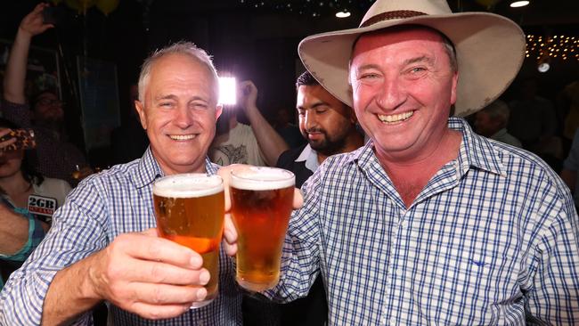 The prime minister Malcolm Turnbull, left, with Barnaby Joyce, after the New England by-election in 2017. Picture: Lyndon Mechielsen