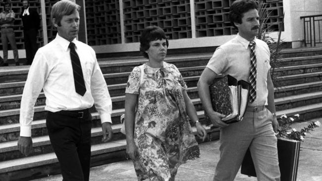 Michael and Lindy Chamberlain leave court with their solicitor Stuart Tipple (R) during the 1982 murder trial. Mr Tipple was disgusted by the JonBenet Ramsey documentary.