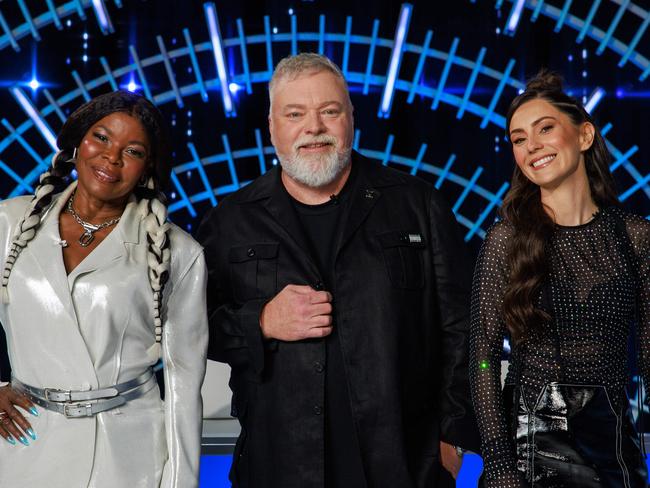 Daily Telegraph. 02, October, 2024.Marcia Hines, Kyle Sandilands and Amy Shark, on the set of Australian Idol, at the SCG, Moore Park, today.Picture: Justin Lloyd.