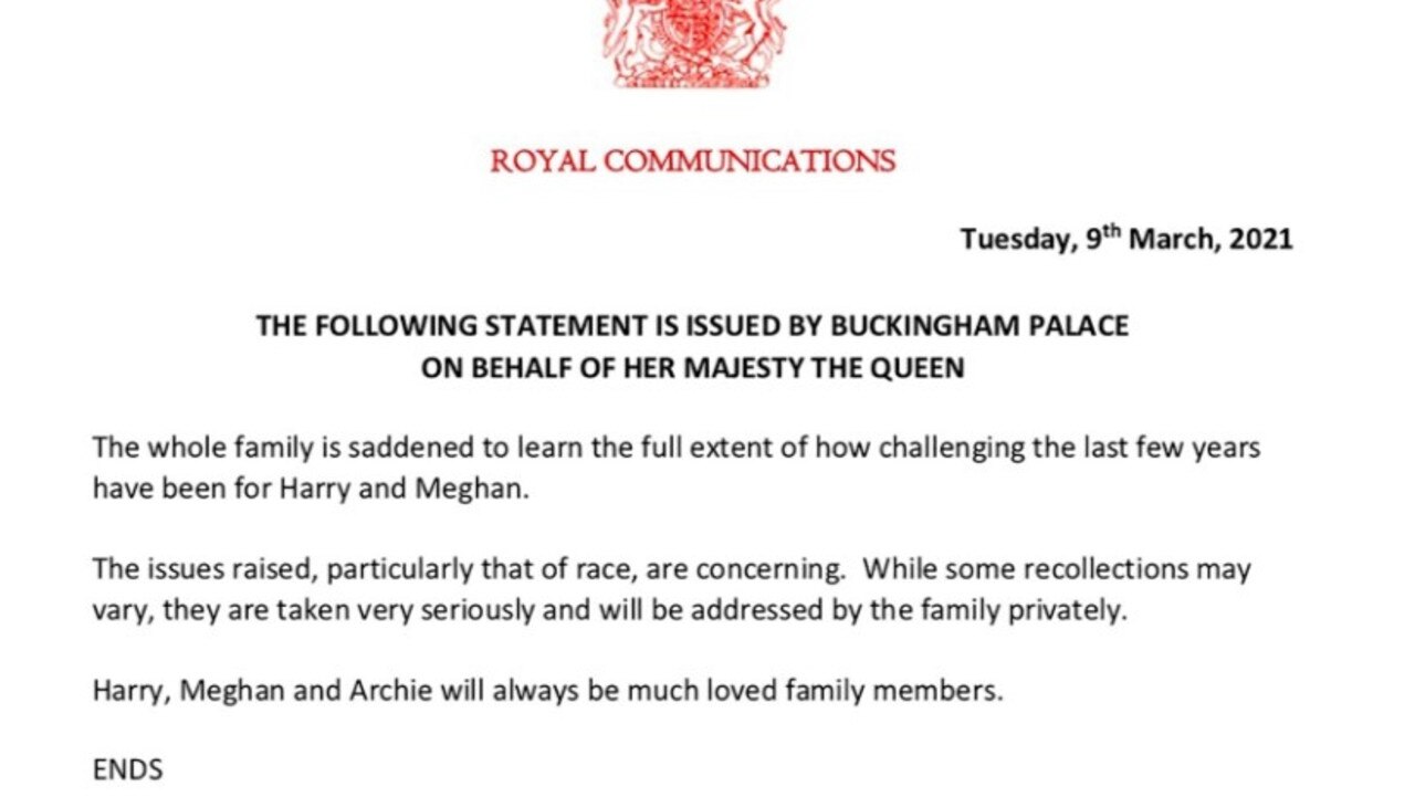 Queen Elizabeth, Buckingham Palace official statement in response to Harry and Meghan's interview with Oprah Winfrey.