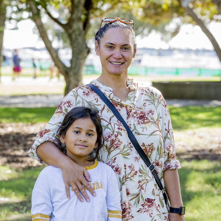 <p>Faces of the Gold Coast at Paradise Point. Cherier Collisen with Ngatihine Collisen, 7. Picture: Jerad Williams</p>