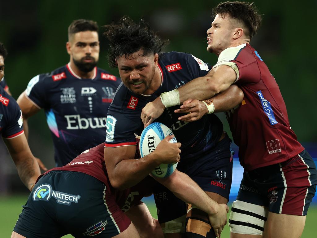 Melbourne Rebels captain Rob Leota tackled during the match against the Queensland Reds at AAMI Park.