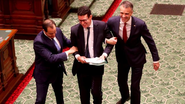 Speaker Dan Cregan is dragged to the Speaker’s chair by Acting Opposition leader Vincent Tarzia and Premier Peter Malinauskas on the 55th parliament’s opening day. Picture: NCA NewsWire / Kelly Barnes