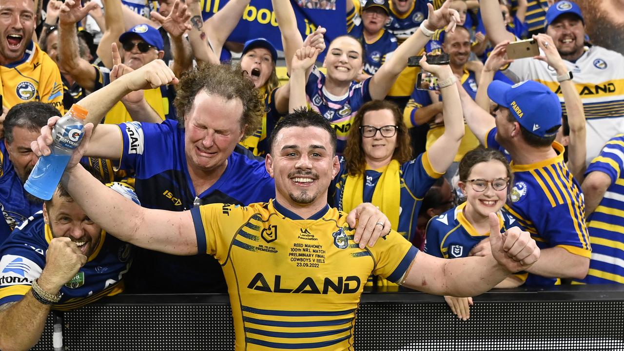 Paul Galvin celebrates with Reed Mahoney after the win in Townsville. Picture: Ian Hitchcock/Getty Images