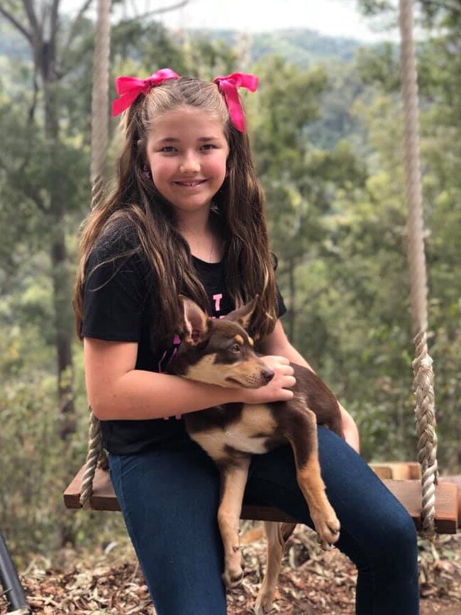 Annabella Hodges, 12, with Rosie the Kelpie. Rosie has been missing from her Upper Brookfield home since March 22. She was dubbed the Ekka proposal puppy after she was used in a public wedding proposal in 2018. Picture: Fiona Bazley Hodges/Facebook