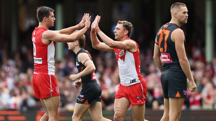 SYDNEY, AUSTRALIA - MAY 04:  Will Hayward of the Swans celebrates with team mates after kicking a goal during the round eight AFL match between Sydney Swans and Greater Western Sydney Giants at SCG, on May 04, 2024, in Sydney, Australia. (Photo by Matt King/AFL Photos/via Getty Images )
