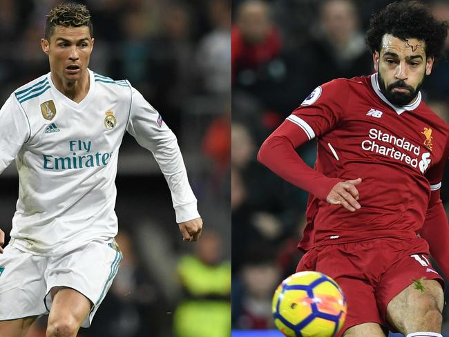 (COMBO) This combination of pictures created on May 23, 2018 shows Real Madrid's Portuguese forward Cristiano Ronaldo (L) during an UEFA Champions League football match on May 1, 2018 in Madrid, and Liverpool's Egyptian midfielder Mohamed Salah during an English Premier League match in Liverpool on December 26, 2017. Real Madrid CF and Liverpool FC will play the UEFA Champions League final football match in Kiev on May 26, 2018. / AFP PHOTO / GABRIEL BOUYS AND Paul ELLIS / RESTRICTED TO EDITORIAL USE. No use with unauthorized audio, video, data, fixture lists, club/league logos or 'live' services. Online in-match use limited to 75 images, no video emulation. No use in betting, games or single club/league/player publications.   /