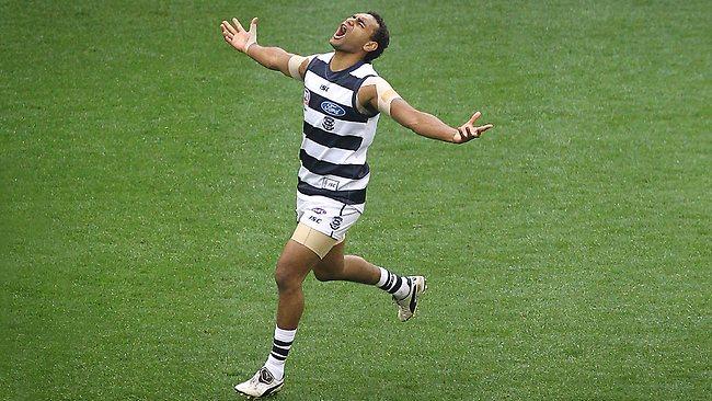 Geelong speedster Travis Varcoe celebrates his classic goal in the 2011 Grand Final win over Collingwood. Picture: Andrew Tauber