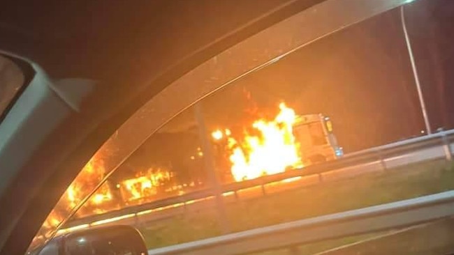 The fiery crash on the Logan Motorway on Tuesday night (Facebook image)