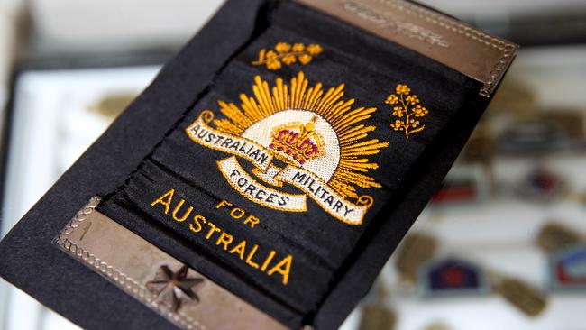 A memorial ribbon issued to the widow/mother of a serviceman killed in WWI. On sale at Southside Antiques in Annerley. Picture: RENAE DROOP