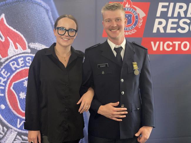 Ashleigh Roberts with National Emergency Medal recipient William Sexton at the FRV Long and Good Service Awards Ceremony in Traralgon on Wednesday, November 27, 2024. Picture: Jack Colantuono