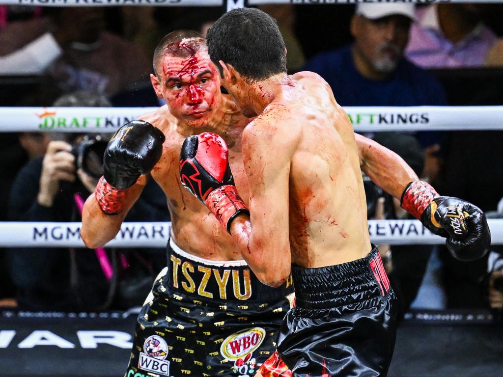 A bloodied Tim Tszyu went down to Sebastian Fundora in Las Vegas. Picture: Getty