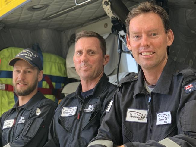 (From left to right) Quinton Rethus, Chris Muffett and pilot Doug White are three of RACQ CQ Rescue's dedicated professionals.  Picture: Duncan Evans