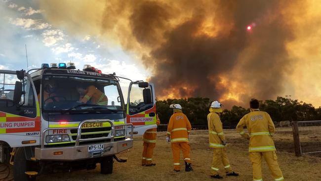 The Piggott Range Rd fire was just a few kilometres away from Cherry Gardens, where a few hours earlier approximately six smaller fires had ignited and merged to form a giant bushfire that has destroyed 2700 hectares and continues to burn. Picture: Stirling Country Fire Service