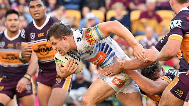 Ryley Jacks makes a run through the Broncos. Picture: AAP Image/Dave Hunt