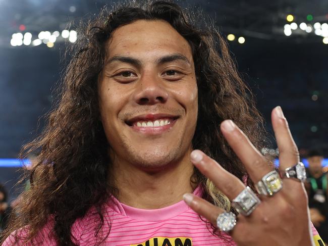 SYDNEY, AUSTRALIA - OCTOBER 06:  Jarome Luai of the Pantherscelebrate after winning the 2024 NRL Grand Final match between the Melbourne Storm and the Penrith Panthers at Accor Stadium on October 06, 2024, in Sydney, Australia. (Photo by Cameron Spencer/Getty Images)