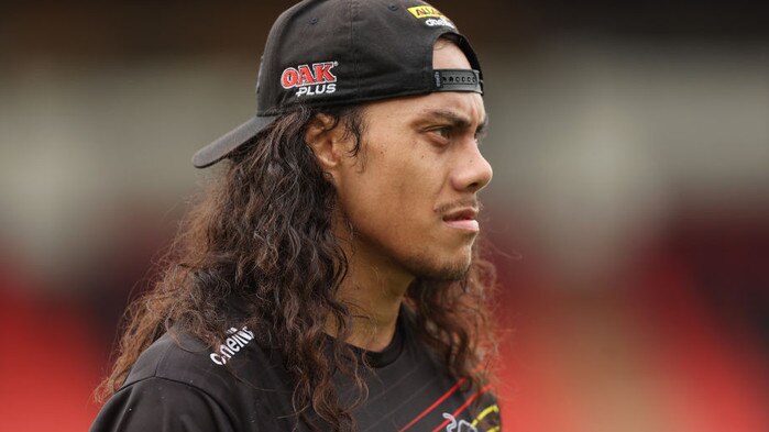 PENRITH, AUSTRALIA - SEPTEMBER 26: Jarome Luai of the Panthers looks on during a Penrith Panthers NRL training session at BlueBet Stadium on September 26, 2023 in Penrith, Australia. (Photo by Mark Metcalfe/Getty Images)