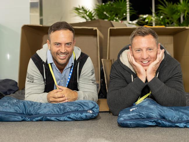 Thomas Young and Mathew Dunn for The Pulse at the 2023 CEO Sleepout at CBUS Stadium. Picture:  Celeste Humphrey