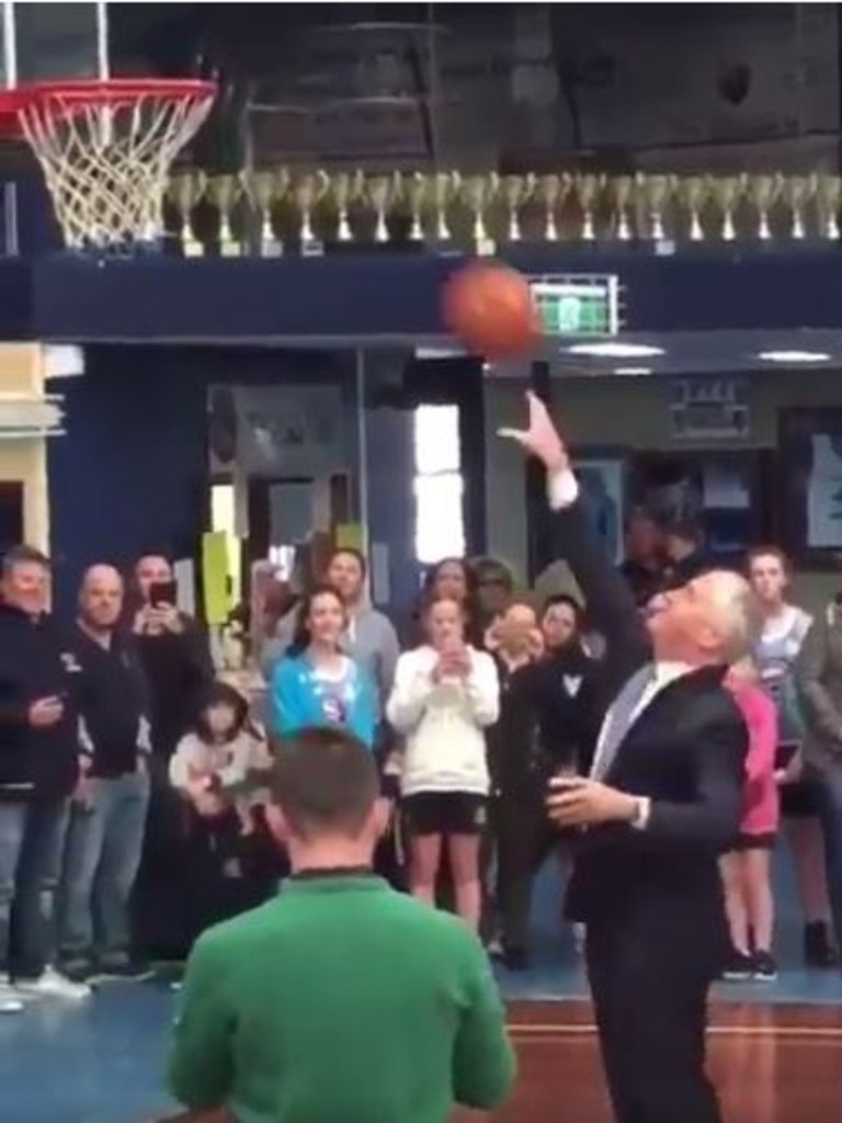 Malcolm Turnbull tried his hand at basketball while visiting Willerton Basketball Stadium in 2018. The ball bounced straight back at him. Picture: Twitter