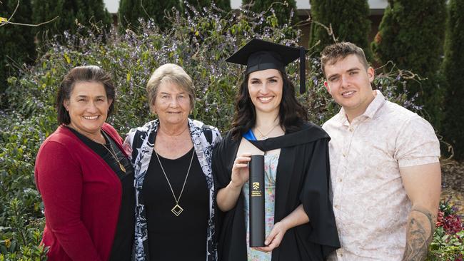 Bachelor of Nursing graduate Jacinta Gilson with (from left) Tina Gilson, Pat Hook and Gavin Elfverson at a UniSQ graduation ceremony at The Empire, Tuesday, June 25, 2024. Picture: Kevin Farmer